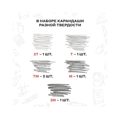 Набор карандашей ч/г Красин "Конструктор" 6шт., 2Т (2H), T(H), ТМ (HB)-2, М (B), 2М (2B), шестигран., заточен., карт. упаковка, европодвес