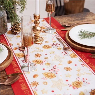 Дорожка на стол новогодняя Golden Christmas 40×147 см, 100% хлопок, саржа 190г/м², белая/красная