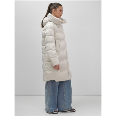 Пальто зимнее утепленное с капюшоном женское бежевого цвета 7779B