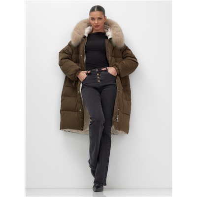 Пальто зимнее утепленное с мехом и капюшоном тренд горчичного цвета 7629G
