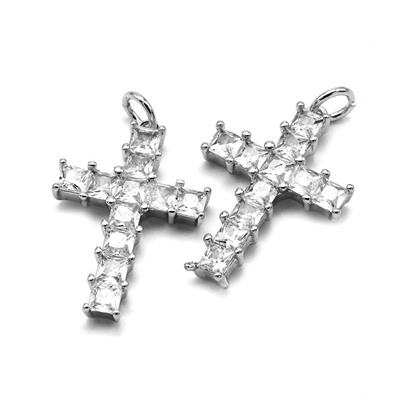 Подвеска Крест 16*23мм с фианитами цв.хрусталь, серебристая