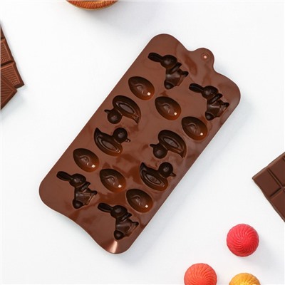 Форма для конфет и шоколада Доляна «Зайцы, утки и яйца», силикон, 22×10.2×1.4 см, 14 ячеек, коричневая