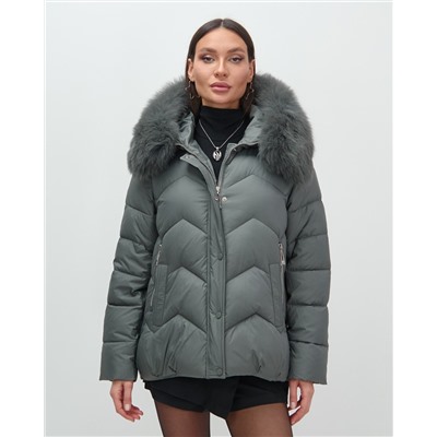 Куртка зимняя женская с мехом и капюшоном тренд темно-серого цвета 7759TC