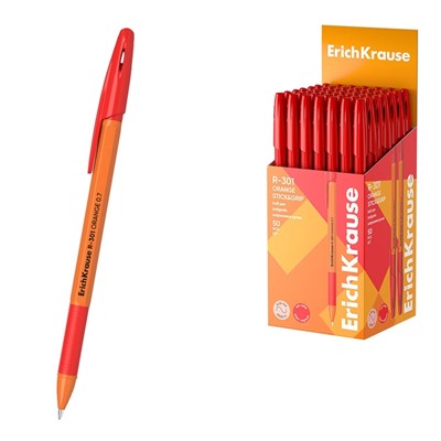 Ручка шариковая ErichKrause R-301 Orange Stick & Grip, узел 0.7 мм, чернила красные, резиновый держатель, длина линии письма 2000 метров