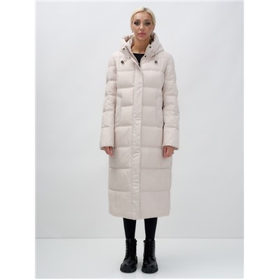 Пальто утепленное стеганное зимнее с капюшоном женское бежевого цвета 9627B
