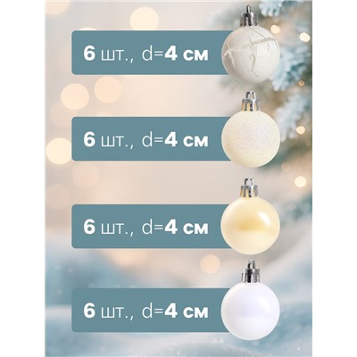 Ёлочные игрушки «Снег», шары новогодние, набор 24 шт., d=4 см, белый