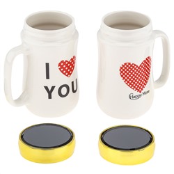 Кружка фарфоровая "Любовь" 480мл, д7,9см h13,5см, глянцевая глазурь, с деколью, цвет - белый, пластмассовая, винтовая крышка, герметичная, с силиконовым уплотнителем, д/горла 6,3см, д/основания 6см, набор 2 штуки, в подарочной коробке (Китай)
