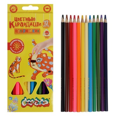 Карандаши цветные 12 цветов «Каляка-Маляка ПРЕМИУМ», утолщённый стержень, СУПЕРМЯГКИЕ, деревянный трёхгранный корпус