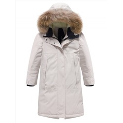 Парка зимняя подростковая для девочки с капюшоном и мехом бежевого цвета 9536B