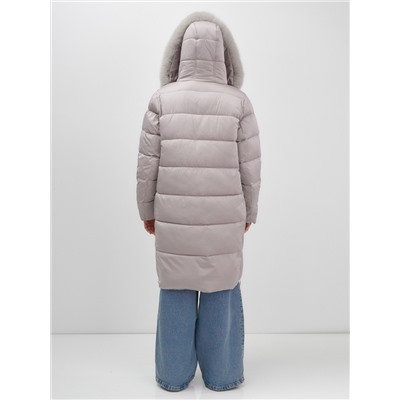 Пальто зимнее утепленное с мехом и капюшоном тренд светло-коричневого цвета 7753SK