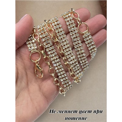 Пояс женский цепочка  дорожка со стразами трех рядная цвет золото модель 11