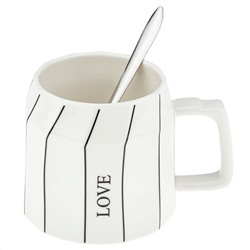 Кружка фарфоровая "Пирамида" 380мл, д9,5см h8,8см, глянцевая глазурь, с деколью, цвет - белый, ложка нерж. 14,4см, фарфоровая крышка, д/горла 7,5см, д/основания 9,2см, в подарочной коробке (Китай)