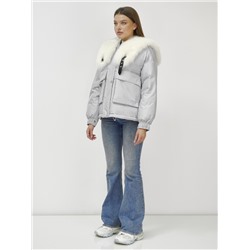 Куртка бомбер ангел с мехом песец премиум класса светло-серого цвета 390_1SS