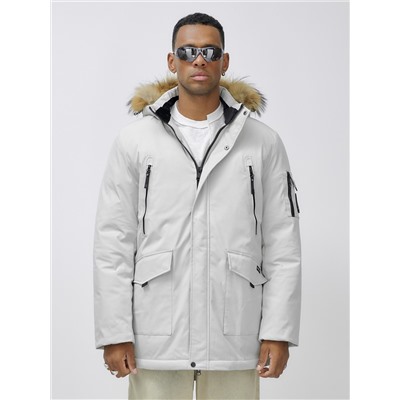 Парка мужская зимняя удлиненная с мехом светло-серого цвета 602_1SS