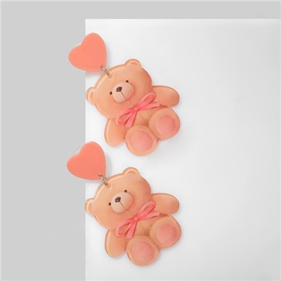 Серьги пластик «Сердца» мишки, цвет розово-бежевый в золоте