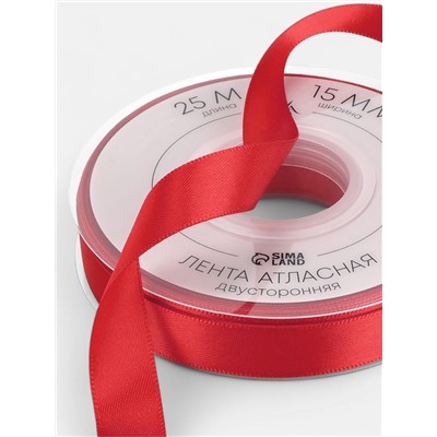 Лента атласная TEIRA, двухсторонняя, 15 мм, 25±1 м, красная №0250