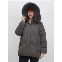 Куртка зимняя женская с мехом и капюшоном тренд темно-серого цвета 7656TC