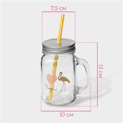Кружка Доляна «Золотой фламинго», 450 мл, 10×7.5×13 см, с ручкой, крышкой и трубочкой, стекло, прозрачная