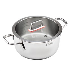 Кастрюля из нержавеющей стали "Tendency" 2,8л, д20см, h9,8см, s0,6мм, дно s2,8мм, плоская стеклянная жаропрочная крышка, пароотвод, стальной обод, капсулированное дно, прутковые ручки из нержавеющей стали на точечной сварке, полировка снаружи - зерка