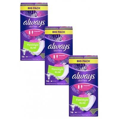 always Slipeinlage Flexistyle Slim Fresh BigPack 74 St, Прокладки Ежедневные тонкие Flexistyle с ароматом свежести 74 штуки, 3 упаковка (222 штуки)