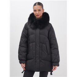 Куртка зимняя женская с мехом и капюшоном тренд черного цвета 7608Ch