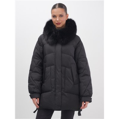 Куртка зимняя женская с мехом и капюшоном тренд черного цвета 7608Ch