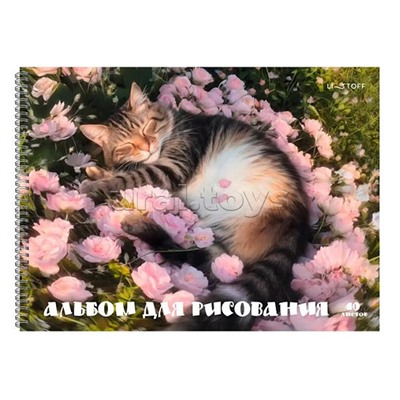 Альбом для рисования 40л. "Котик в цветах" гребень. обл.: мел. картон, выб. лак, блестки