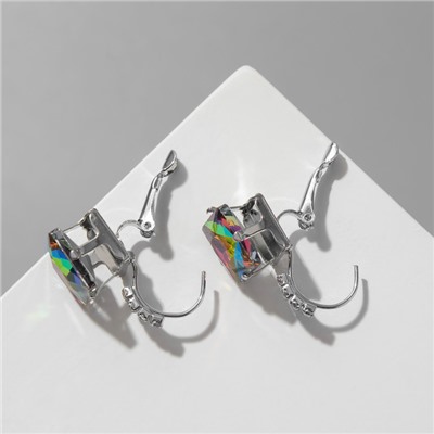 Серьги со стразами «Квадрат» мерцание, цвет бело-бензиновый в серебре