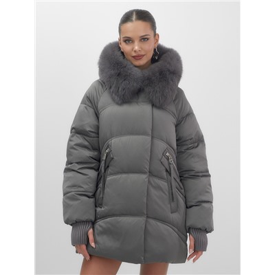 Куртка зимняя женская с мехом и капюшоном тренд темно-зеленого цвета 7737TZ