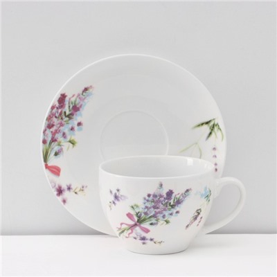 Сервиз чайный Доляна «Лаванда», 12 предметов: 6 чашек 250 мл, 6 блюдец d=15 см, фарфор, белый