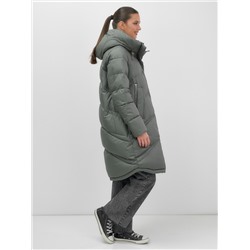 Пальто зимнее утепленное с капюшоном женское цвета хаки 7747Kh