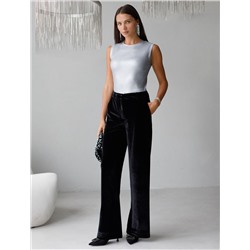 Топ с закрытым декольте из хлопка с эластаном в рубчик с матовым покрытием металлик