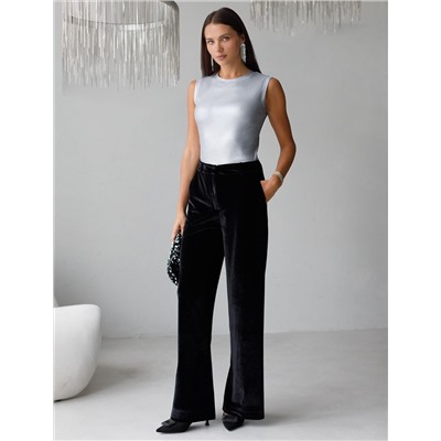 Топ с закрытым декольте из хлопка с эластаном в рубчик с матовым покрытием металлик