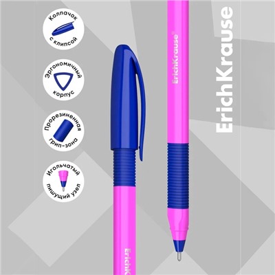 Набор ручек шариковых 4 штуки, ErichKrause U-109 Neon Stick&Grip, игольчатый узел 1.0 мм, чернила синие, супермягкое письмо, резиновый держатель, корпус неоновый, МИКС