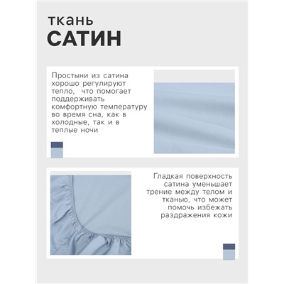Простыня на резинке 220ТС Этель 160*200+30 см, цв.голубой, сатин, 100% хлопок
