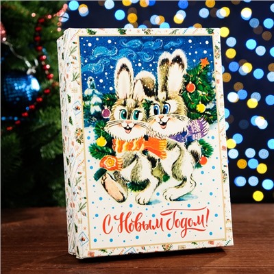 Коробка новогодняя подарочная сборная крышка - дно, «Зайки», 21×15×5.7 см