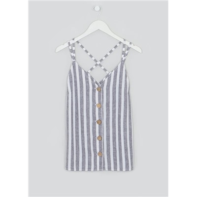 Stripe Strappy Linen Button Front Cami Top