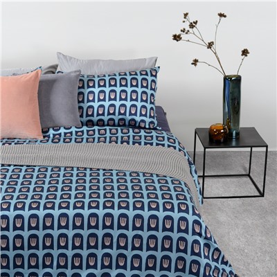 Комплект постельного белья полутораспальный из сатина голубого цвета с принтом Blossom time из коллекции Cuts&Pieces