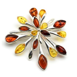 Брошь с янтарем С925 Феерверк 40*40мм цв.коньячный, лимонный, 9,4г