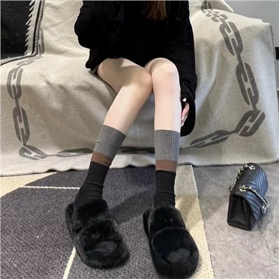 Japanese gray black and white stitching double -pin calf socks men and women in autumn cotton cotton long and knee socks show thin pile socks ins