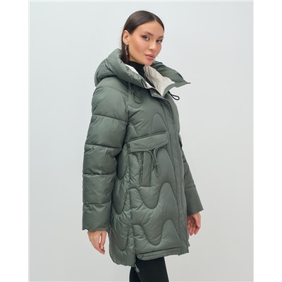 Куртка зимняя женская с капюшоном модная цвета хаки 7653Kh