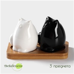 Набор фарфоровый для специй на бамбуковой подставке BellaTenero «Котики», 3 предмета: солонка, перечница, подставка, белый, чёрный