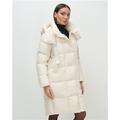 Пальто зимнее утепленное с капюшоном женское бежевого цвета 7700B