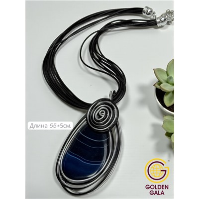 Кулон-подвеска из натурального Агата  на многослойном шнурке АБ4/006 синий