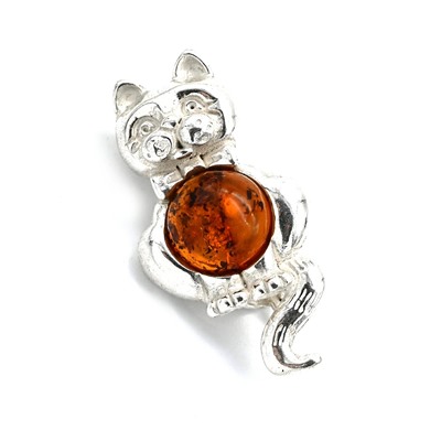 Брошь в форме Котика 15*30мм с янтарём в посеребрении цв.коньячный