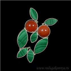 Брошь с малахитом и сердоликом "Сова" 48*31мм.