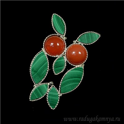 Брошь с малахитом и сердоликом "Сова" 48*31мм.