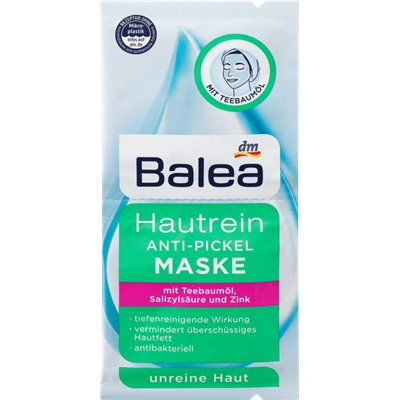 Balea Maske Hautrein Anti-Pickel Балеа Маска для лица против прыщей и высыпаний с маслом чайного дерева, салициловой кислотой и цинком, 16 мл