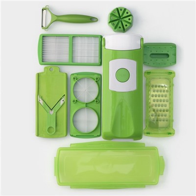 Овощерезка универсальная Доляна «Фреш Флеш», 7 насадок, овощечистка, мерный контейнер, 27×10×12 см, зелёная, белая