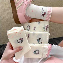 Cute summer cotton cartoon knee socks with bow, mid-length